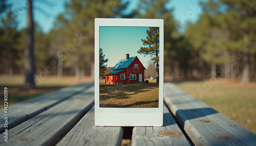 Adorable red house with solar panels in a polaroid on a wooden table  