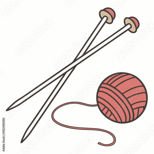 Knitting Needles And Pink Yarn Ball Simple Illustration On White Background