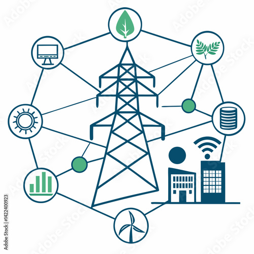 Smart Grid Network Connecting Renewable Energy And Sustainable Industry Resources Concept