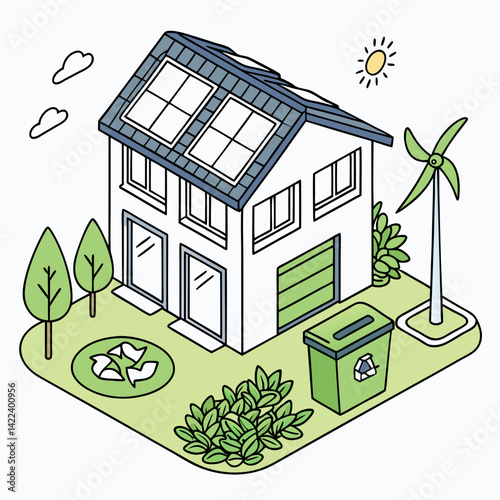 Isometric Eco Friendly House With Solar Panels And Wind Turbine Vector