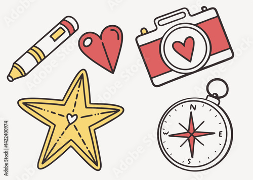 Travel and love icons with passport, star, and heart