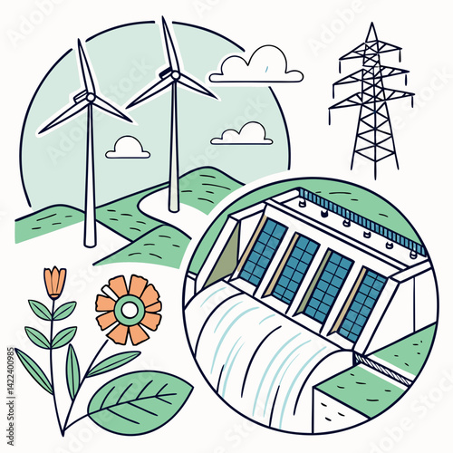 Clean Energy Generation With Wind Turbines Hydroelectric Dam And Transmission Tower