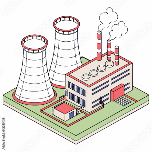 Isometric Power Plant With Cooling Towers Emitting Smoke On Green Landscape