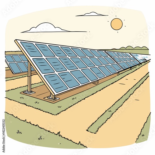 Solar Panel Farm Under A Sunny Sky Renewable Energy Concept Art
