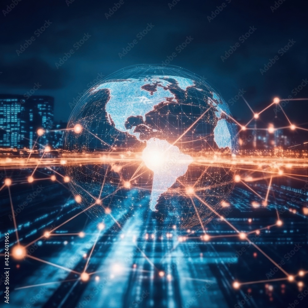 Global Network Communication with Digital Earth and Cityscape Background in Cyberpunk Style Global Network Communication with Digital Earth and Cityscape Background in Cyberpunk Style