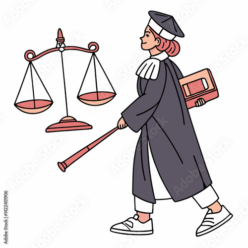 Cartoon Female Judge Walking With Scales Of Justice For Legal Design
