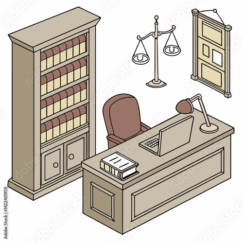 Isometric Illustration Of Lawyers Office With Desk,Bookshelf,And Scales Of Justice