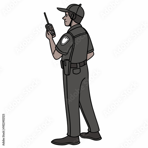 Security Guard Communicating With Walkie Talkie Simple Cartoon Illustration