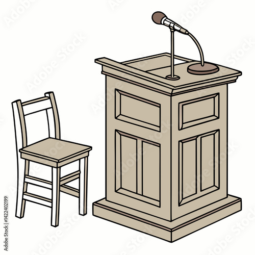 Podium With Microphone And Chair Ready For A Speech Or Presentation