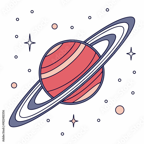 Cute Saturn Planet With Rings Stars And Spheres On White Background Illustration