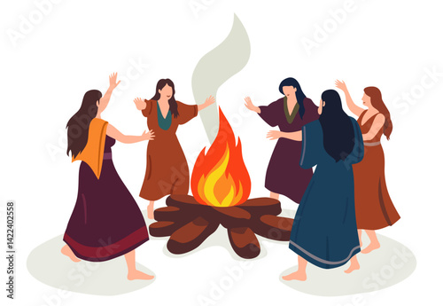 Round dance around fire. Summer pagan tradition symbolizing eternal rotation of sun. Women dancing around fire. Vector isolated illustration