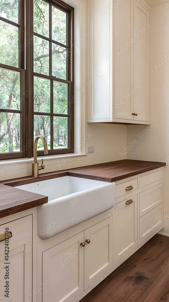 Elegant Interior View Featuring a Classic Sink, Wood Countertops, Window Views, and Modern Cabinetry Aesthetics.