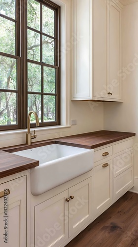 Elegant Interior View Featuring a Classic Sink, Wood Countertops, Window Views, and Modern Cabinetry Aesthetics.