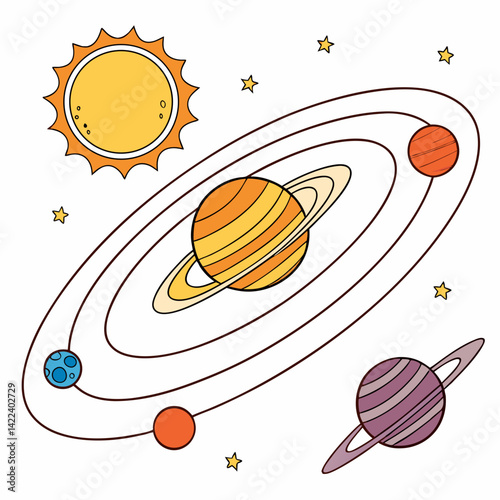 Colorful Solar System With Planets And Star Illustration For Kids And Education