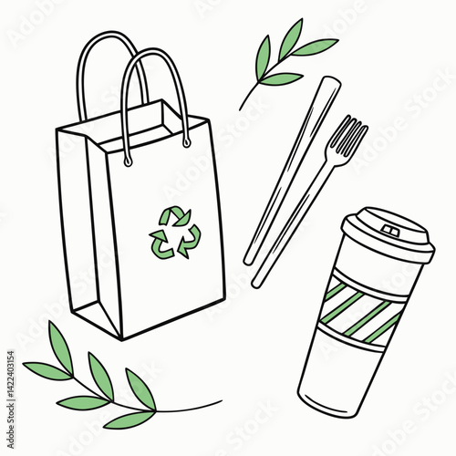 Eco Friendly Lifestyle Concept With Recycle Bag Reusable Cup And Cutlery