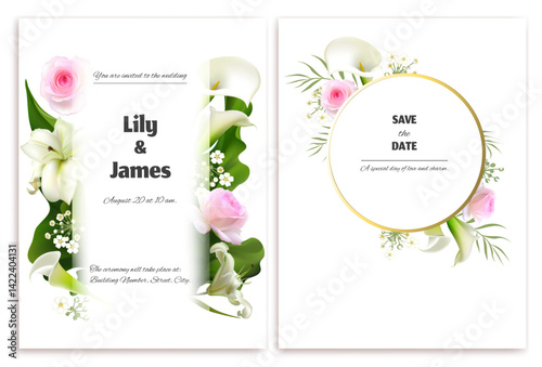 Pink and white flowers. Wedding invitation. Lilies. Roses. Calla. Beautiful floral pattern on white background. Card. Bouquet. Border.