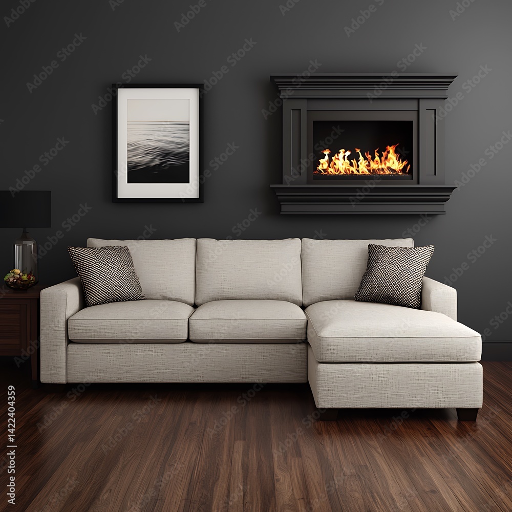 Elegant living area featuring a comfortable sofa, a captivating fireplace, and a modern artwork for interior inspiration.
