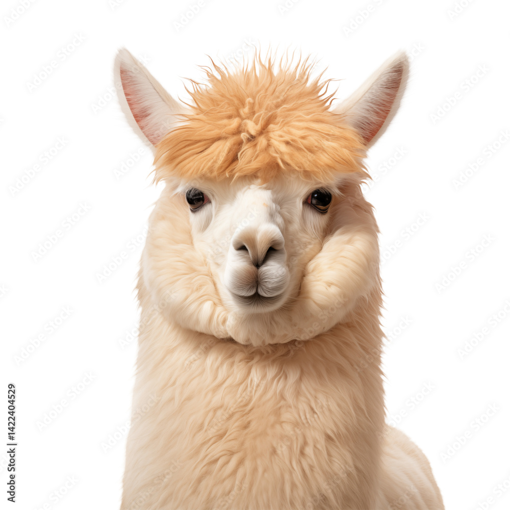 Obraz premium Close up portrait of a fluffy alpaca with a tan fringe looking directly at the camera on a transparent background png