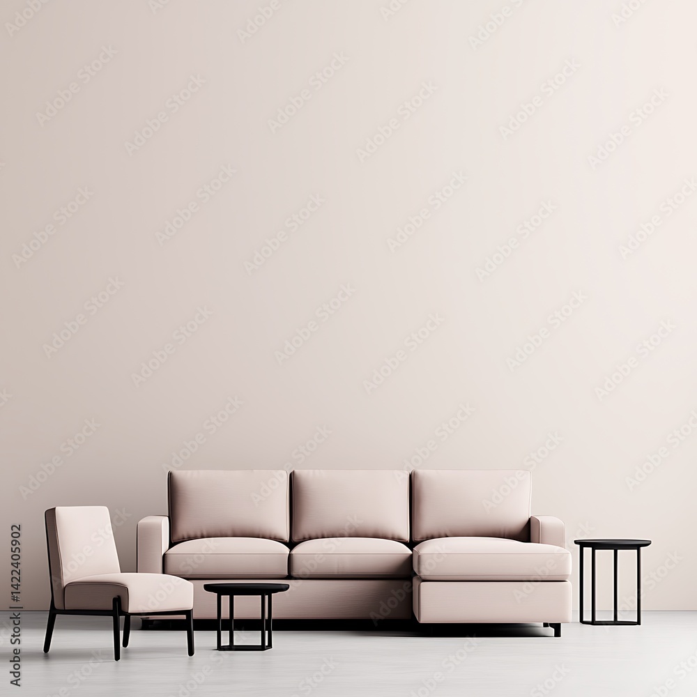 Elegant minimal interior with soft lighting, showcasing comfortable sofa and chair, perfect for home design and furniture inspiration.