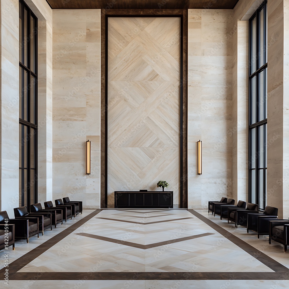 Elegant Lobby with High Ceilings, Decorative Walls, Geometric Flooring, Waiting Area, and Stylish Modern Furniture for Guests.