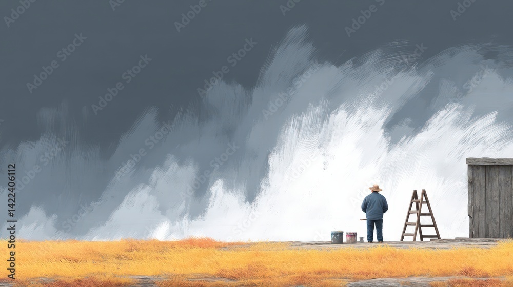 Obraz premium Solitary Painter Dramatic Sky Rural Landscape Paint Wall Construction Worker