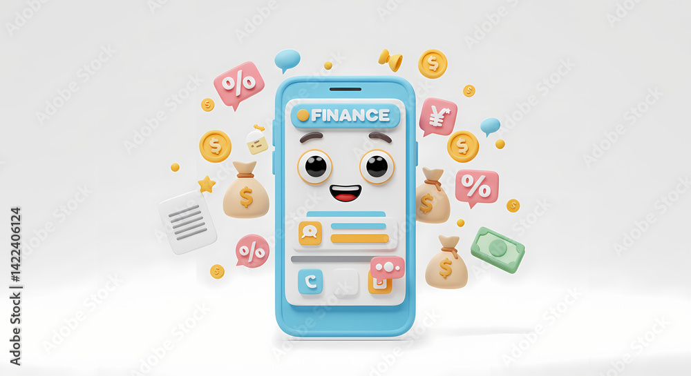 3D illustration of a happy smartphone with finance-related icons, such as coins, bills, and graphs, representing financial success, management, and prosperity.
3D illustration of a happy smartphone with finance-related icons, such as coins, bills, and graphs, representing financial success, management, and prosperity.