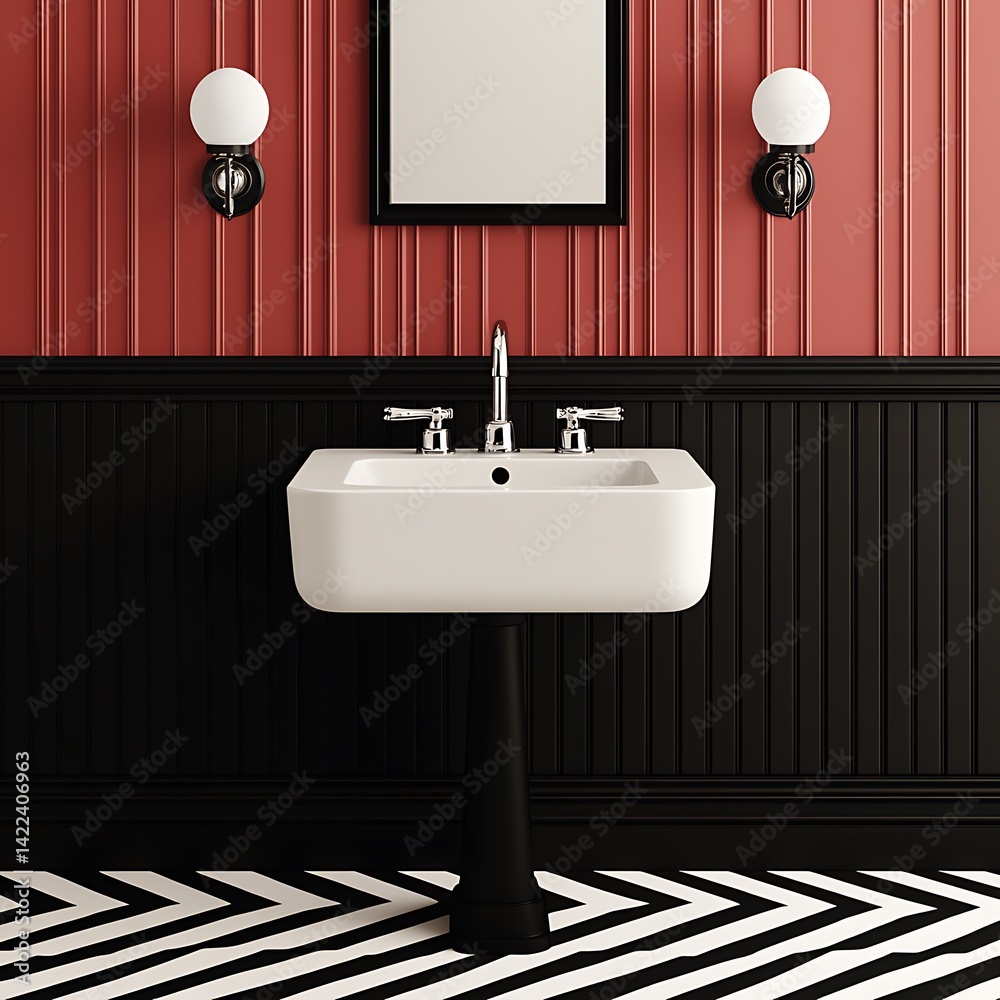 Elegant Washroom Interior Featuring White Sink, Black Pedestal, and Striking Geometric Floor Pattern for Interior Design Inspiration.