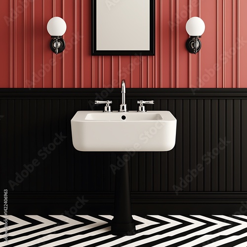 Obraz na płótnie Elegant Washroom Interior Featuring White Sink, Black Pedestal, and Striking Geometric Floor Pattern for Interior Design Inspiration. w salonie
