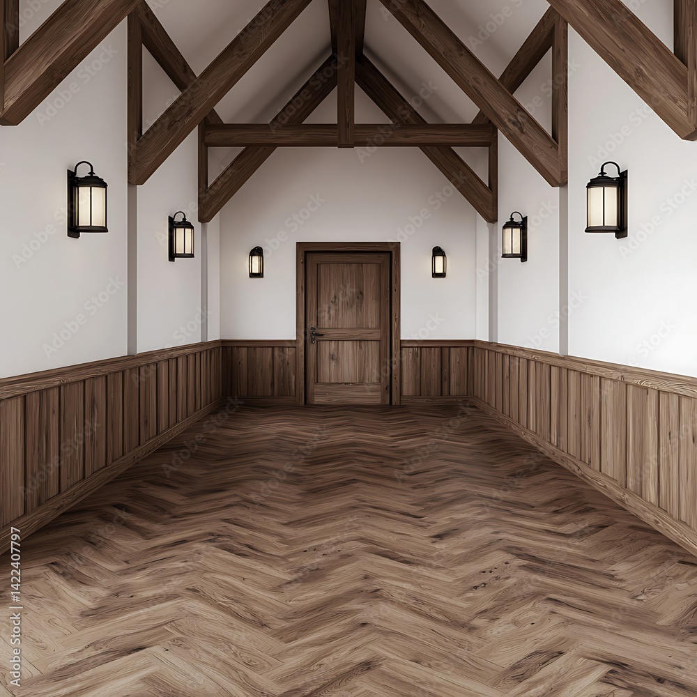 Interior Design with Wooden Beams, Herringbone Floor, Paneled Walls, and Stylish Wall Lights Creates a Welcoming Ambiance.