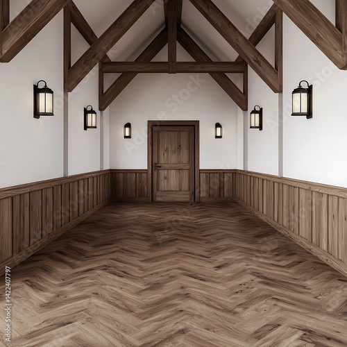 Obraz na płótnie Interior Design with Wooden Beams, Herringbone Floor, Paneled Walls, and Stylish Wall Lights Creates a Welcoming Ambiance. w salonie