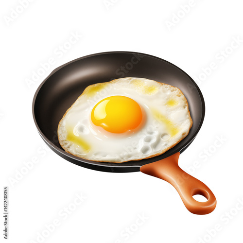 A sunny side up egg in a black frying pan with a brown handle against a transparent background image png photo