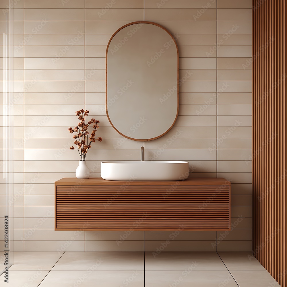 Minimalist Bathroom Interior Design with Oval Mirror, Wood Vanity, and Neutral Tile for Modern Homes: Decoration and Furnishings