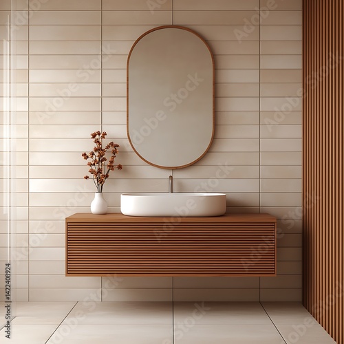Minimalist Bathroom Interior Design with Oval Mirror, Wood Vanity, and Neutral Tile for Modern Homes: Decoration and Furnishings