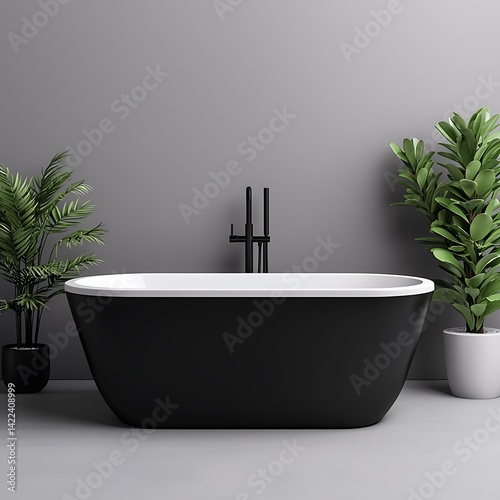 Minimalist bathroom interior displaying a modern bathtub with black fixtures and green plants against a gray wall.