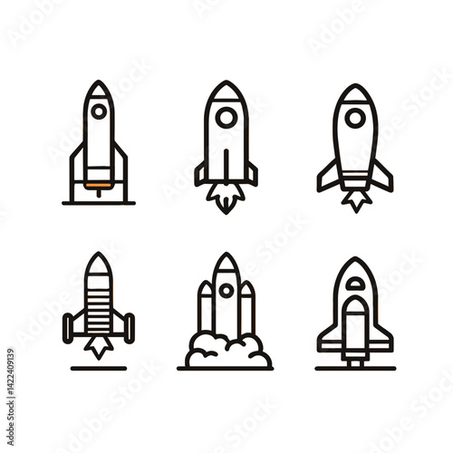 Minimalist line icons of rockets in black outline on transparent background  