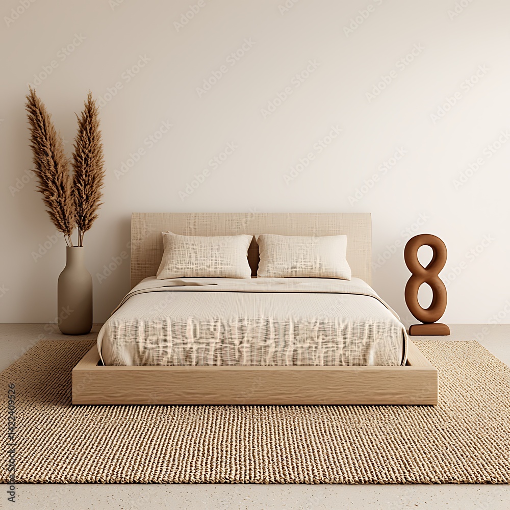 Minimalist bedroom design with beige tones, featuring a wooden bed, decorative elements, and a woven rug for a calming aesthetic.