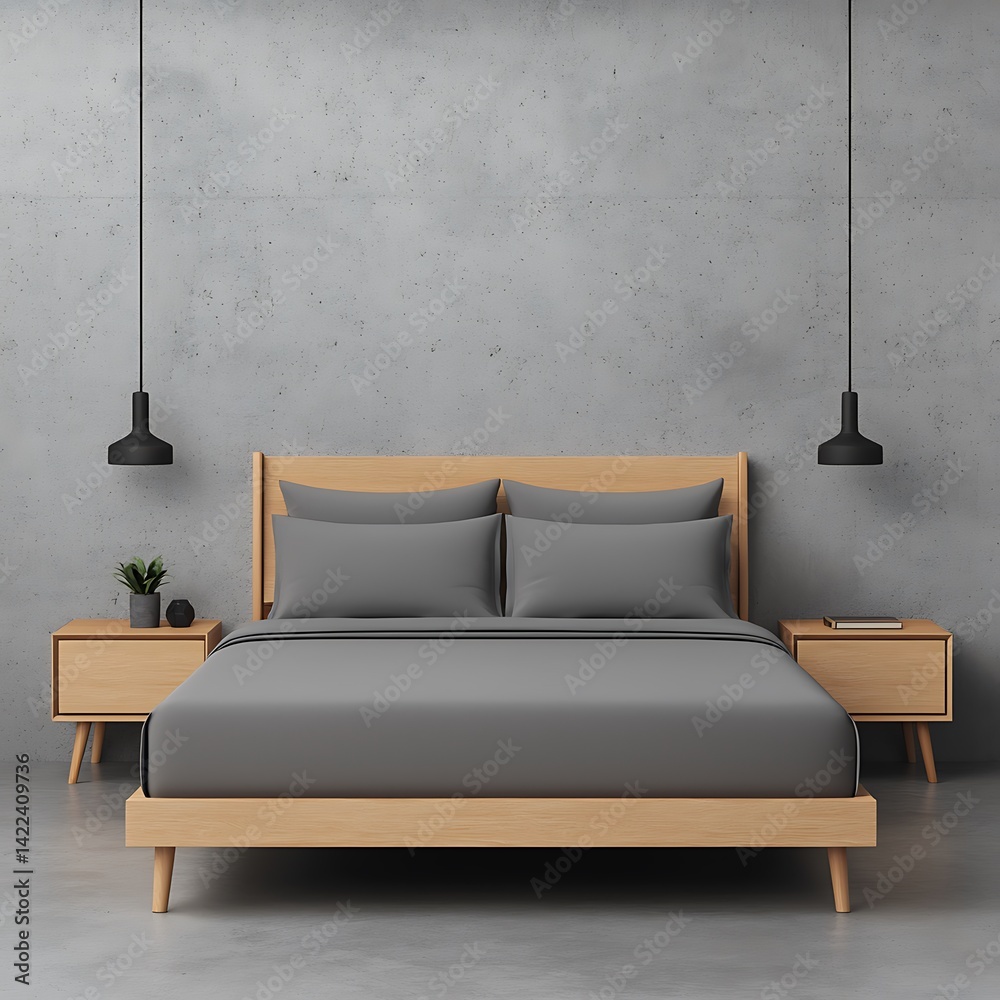 Minimalist Bedroom Interior Design Featuring Wooden Bed Frame, Gray Bedding, Concrete Wall, and Hanging Pendant Lights.