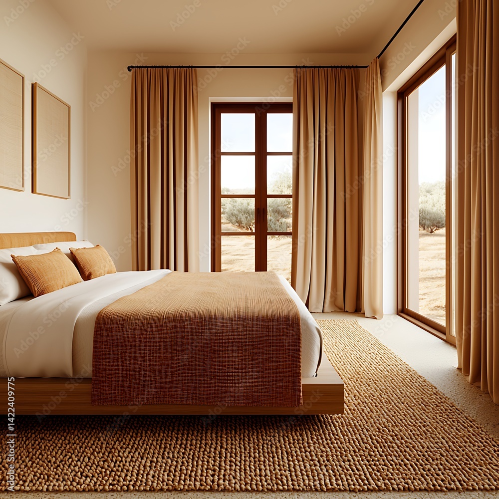 Minimalist Bedroom Design with Natural Light, Neutral Tones, Wooden Accents, and Desert View: Serene Interior Architecture.