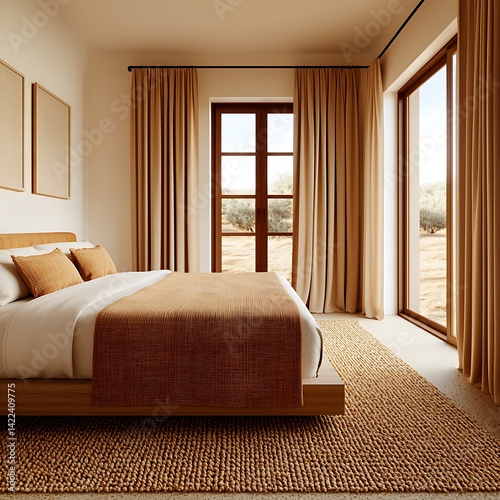 Obraz na płótnie Minimalist Bedroom Design with Natural Light, Neutral Tones, Wooden Accents, and Desert View: Serene Interior Architecture. w salonie