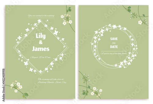 Flower. Floral background. Wedding invitation. Border. Leaves. Vector pattern. Bouquet. White flowers on a green background. Wild flowers. Simple.