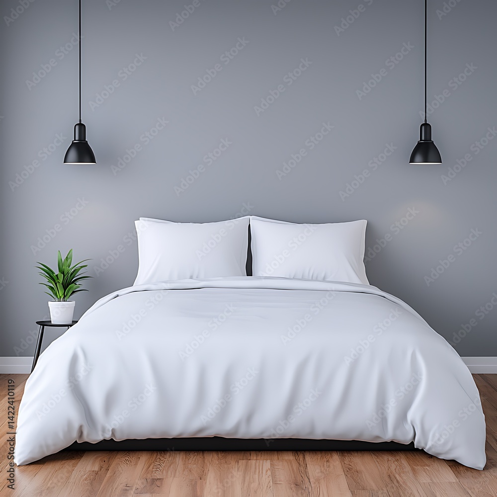 Minimalist Bedroom Interior: Simple Bedding with Modern Lighting and Plant for a Relaxing Space.