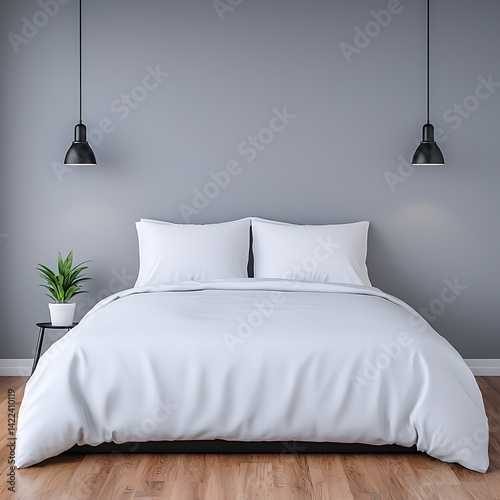 Obraz na płótnie Minimalist Bedroom Interior: Simple Bedding with Modern Lighting and Plant for a Relaxing Space. w salonie