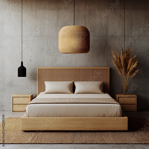 Obraz na płótnie Minimalist Bedroom Interior with Neutral Tones, Wood Bed Frame, Concrete Wall, Pendant Lighting, and Natural Fiber Rug for Relaxation. w salonie