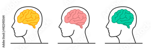 Human head silhouette icon. Yellow, Pink, Green brain icon set. Brin health, neurology, physiology vector illustration. 