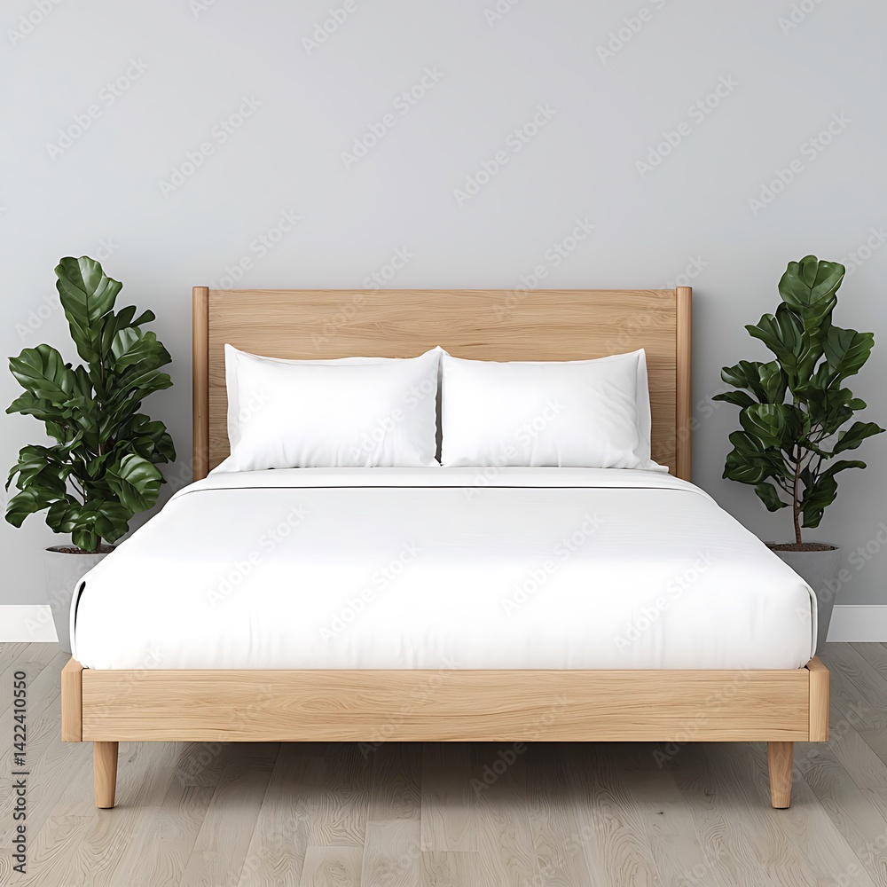 Minimalist Bedroom Interior with Wooden Bed, White Linens, Green Plants, Modern Home Furnishings, and Elegant Neutral Color Palette