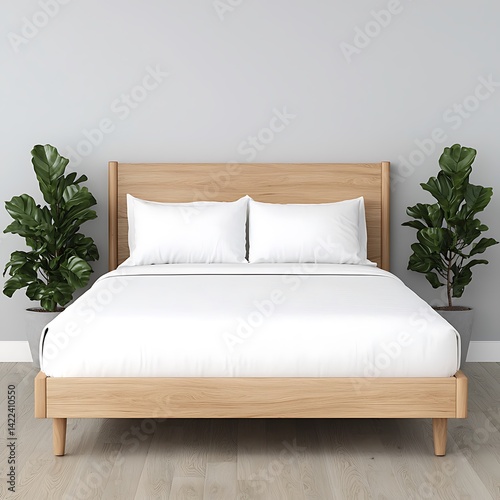Obraz na płótnie Minimalist Bedroom Interior with Wooden Bed, White Linens, Green Plants, Modern Home Furnishings, and Elegant Neutral Color Palette w salonie