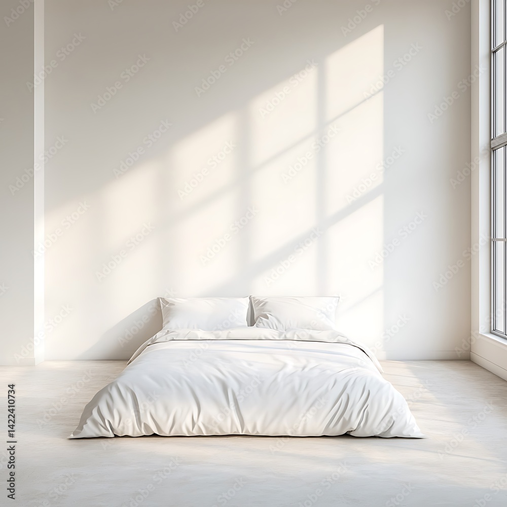 Minimalist bright bedroom interior with white bedding and natural light filtering through large window creates serene ambiance.