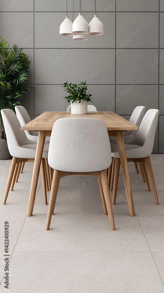 Minimalist Dining Area with Wooden Table, White Chairs, Pendant Lights, and Green Plants for Modern Interiors.
