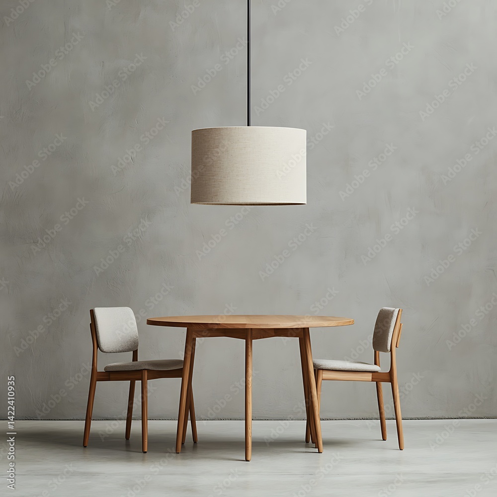 Minimalist Dining Room Setup Featuring a Round Wooden Table, Two Chairs, and a Suspended Shade: Interior Design Concept.