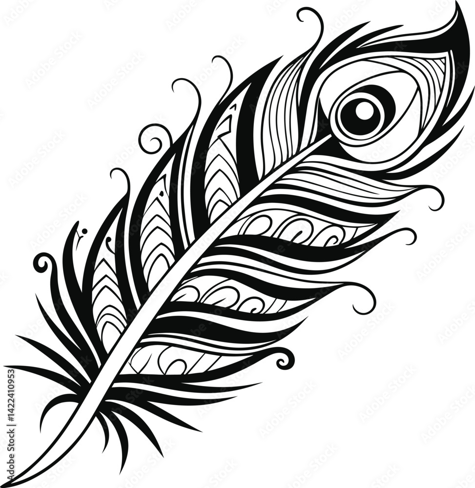 Obraz premium Intricate Black And White Illustration of a Stylized Peacock Feather 